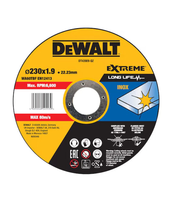 Disque à tronçonner l&rsquo;inox Ø230×22,2mm DEWALT DT43909-QZ épaisseur 1,9mm