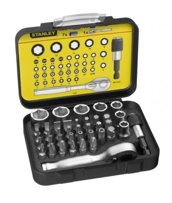 Coffret d’embouts de vissage 1/4&prime; 25mm + clé à cliquet – jeu de 39 pcs – gamme pro – STANLEY – 1-13-906