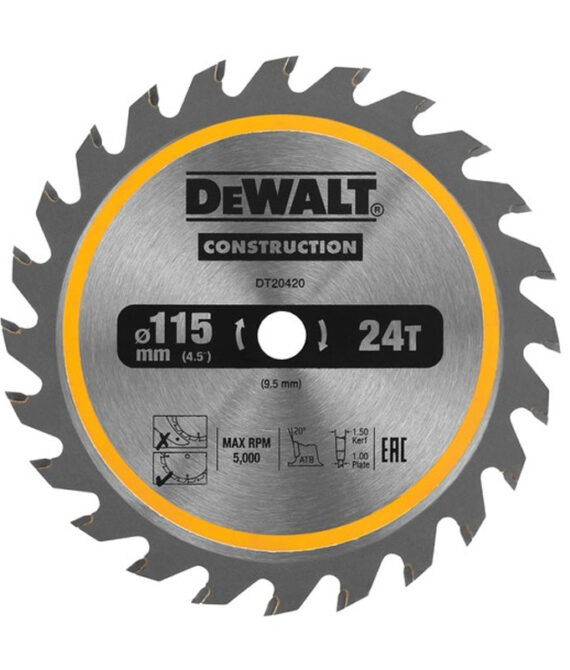 Lame de scie circulaire sans fil DEWALT DT20420-QZ Carbure Construction Ø115×9,5mm, 24 dents