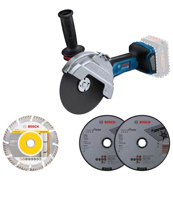 Meuleuse 180mm 18V Biturbo BOSCH GWS 18V-180 P solo L-Boxx + 1 disque diamant et 2 disques inox