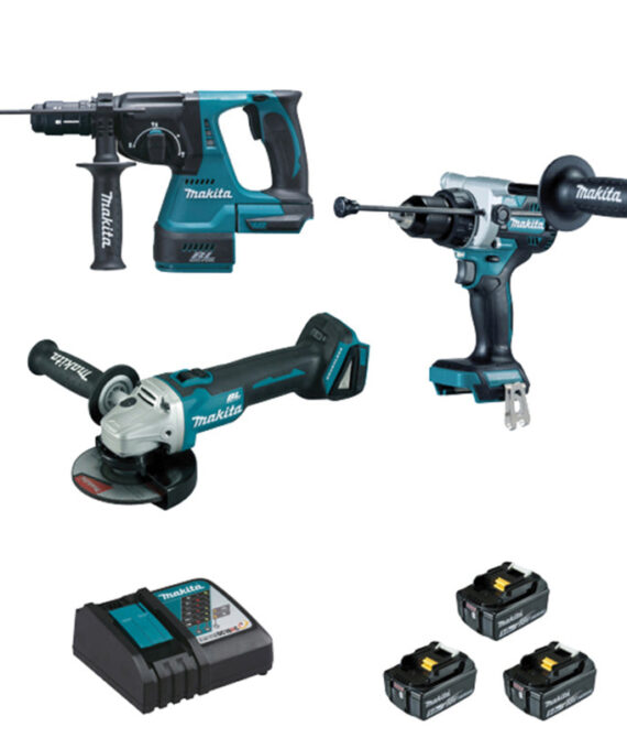 Pack 3 outils MAKITA DLX3157TJ (DDF486+DHR243+DGA506+BL1850×3+DC18RC+MAK2&4)