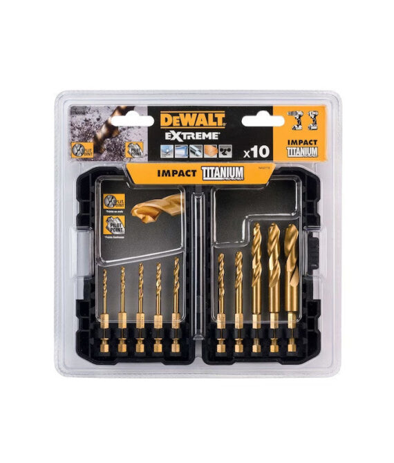 Coffret plastique de 10 forets DEWALT DT50050-QZ HSS Titane Impact Ø 3-3,2-3,5-4-4,5-5-6-8-11-12 mm