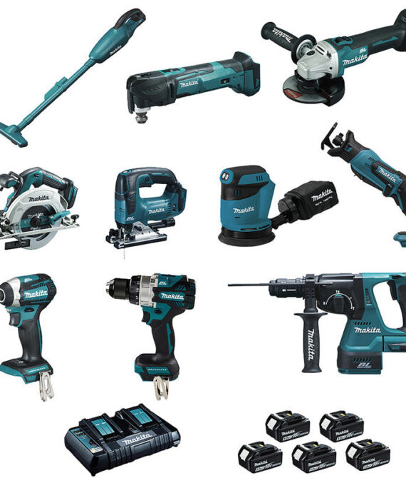 Pack 10 outils MAKITA LOT0309 18V 5 x 5.0 Ah (DCL180 – DHP486 – DTD154 – DGA506 – DHS680 – DHR243 – DTM51 – DJR183 – DJV182 -DBO180)